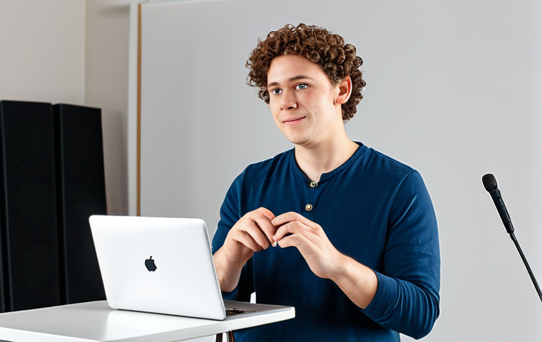 A professional musical theater artist, fully clothed in modest, appropriate audition attire, stands confidently in a natural pose, performing a virtual audition. The artist is a young adult, looking directly at a webcam on a laptop. The background is a clean, well-lit home studio setup with a neutral backdrop and a visible microphone.
    Quality: professional photography, high resolution, perfect anatomy, correct proportions, natural body proportions, well-formed hands, proper finger count, safe for work, appropriate content, fully clothed, family-friendly.