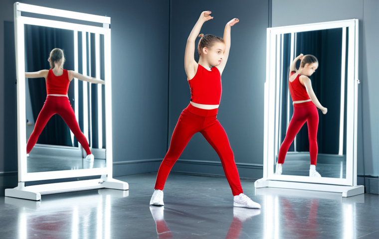 Aspiring Musical Star**

"A young, enthusiastic performer practicing dance steps in a brightly lit studio. They are wearing comfortable athletic clothing. Reflections of a determined expression are visible in the mirror. The scene conveys energy and passion. Safe for work, appropriate content, fully clothed, professional, perfect anatomy, natural pose."

**