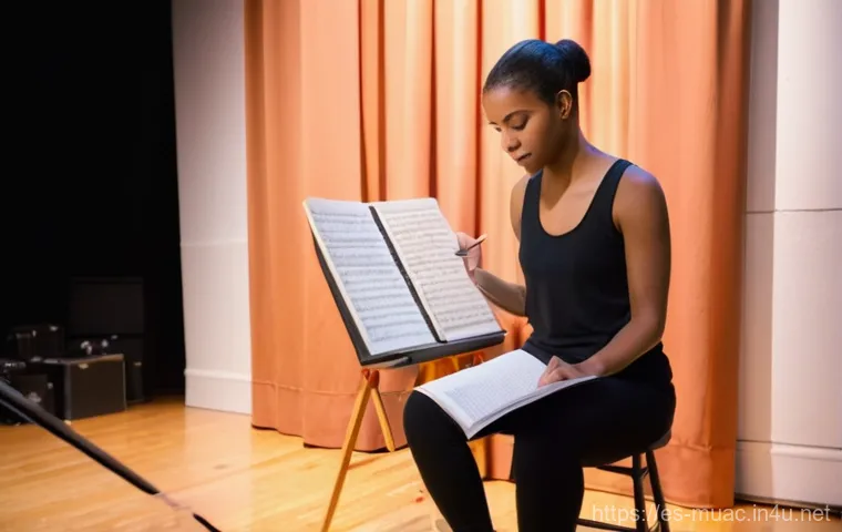 뮤지컬 배우의 언더스터디 준비 과정 - **Backstage Dedication:** A young, diverse adult female understudy in her late 20s, wearing simple b...