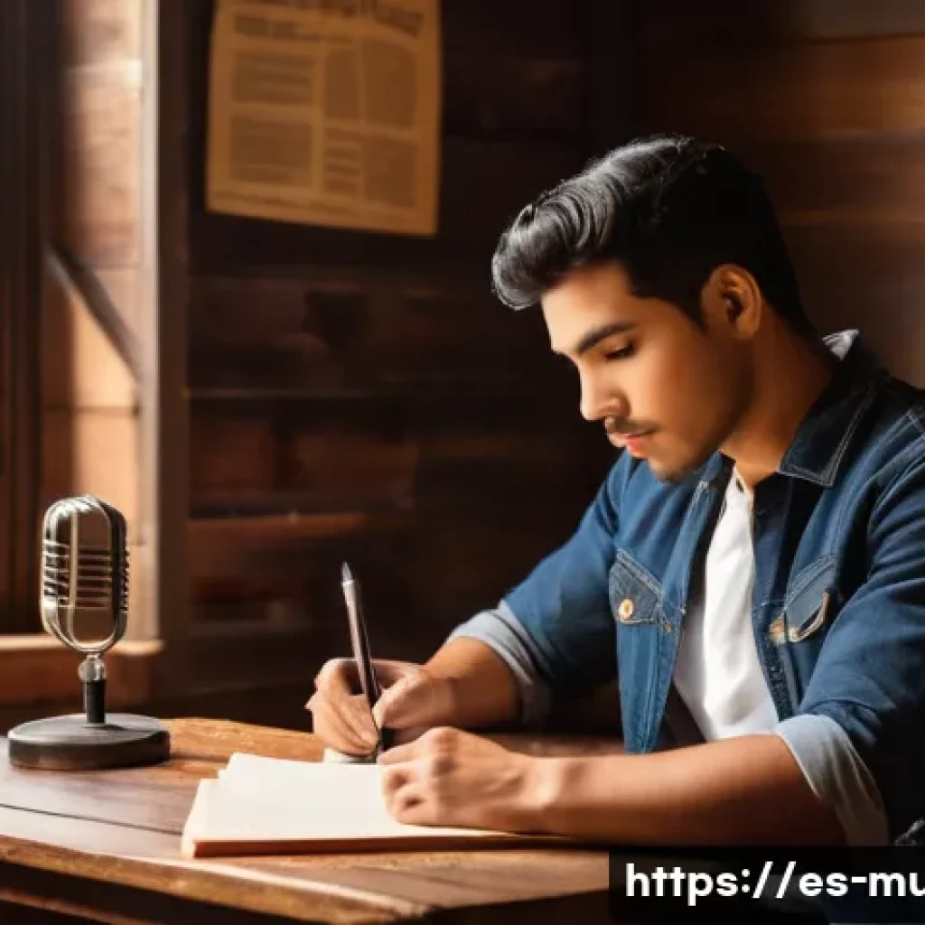 뮤지컬 배우의 감정 일기 작성법 - A young Hispanic musical theater actor sitting at a rustic wooden desk in a cozy, warmly lit room, w...