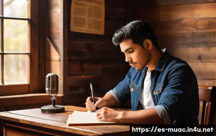 뮤지컬 배우의 감정 일기 작성법 - A young Hispanic musical theater actor sitting at a rustic wooden desk in a cozy, warmly lit room, w...