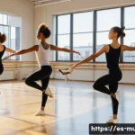 뮤지컬 배우 안무 연습 루틴 - A diverse group of young adult musical theater dancers warming up in a spacious, sunlit studio with ...