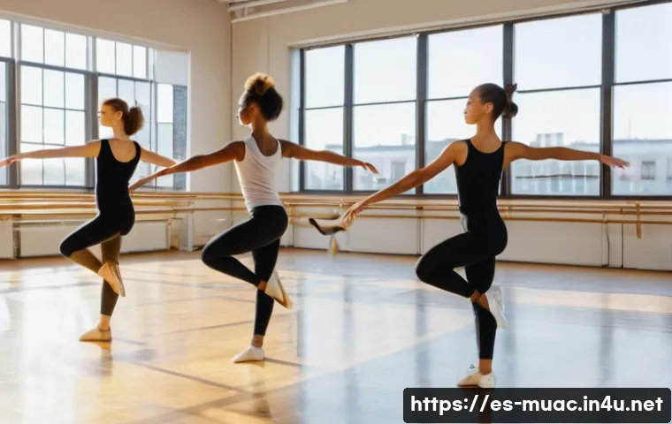 뮤지컬 배우 안무 연습 루틴 - A diverse group of young adult musical theater dancers warming up in a spacious, sunlit studio with ...