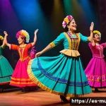 뮤지컬 배우의 국내외 공연 비교 - A vibrant Latin American musical theater scene featuring actors on stage wearing colorful traditiona...