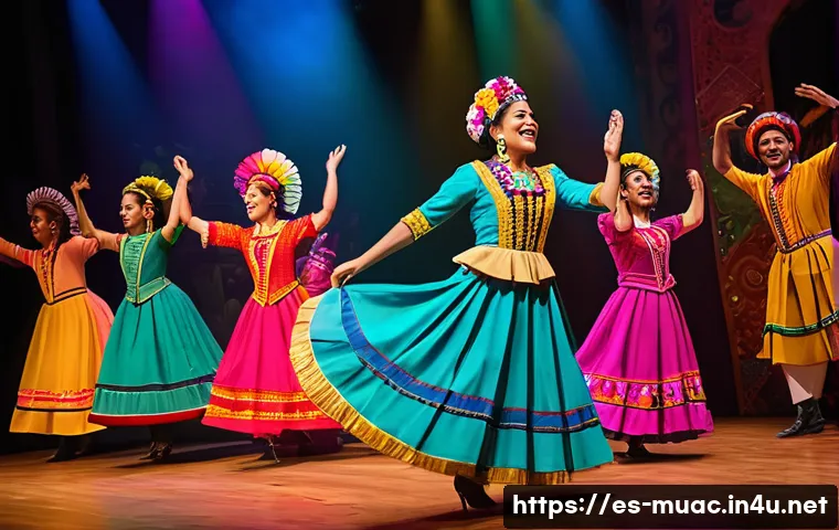 뮤지컬 배우의 국내외 공연 비교 - A vibrant Latin American musical theater scene featuring actors on stage wearing colorful traditiona...
